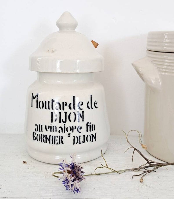 Mooie aardewerk zandkleurige Franse mosterdpot met deksel Moutarde de DIJON  [30322]