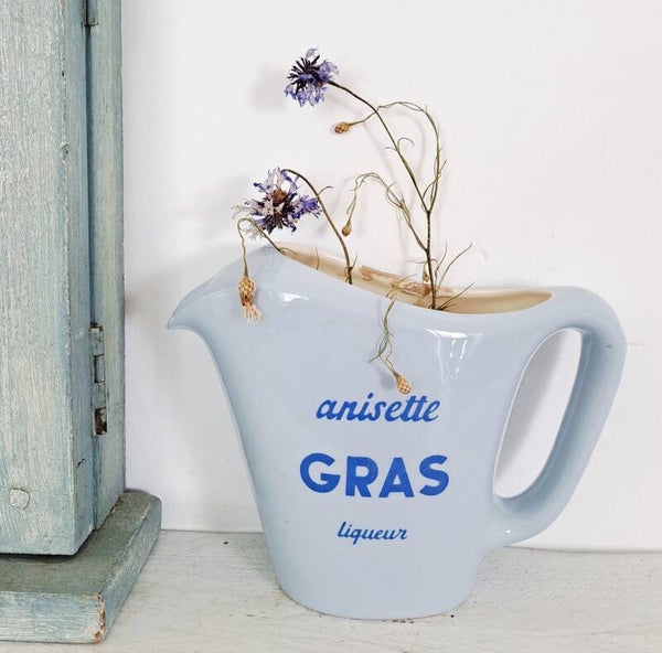 Anisette GRAS liqueur lichtblauwe aardewerk kan [9526]