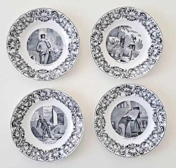 Set van 4 Franse zwart/witte borden gest Porcelaine Opaque de Gien  [25922]