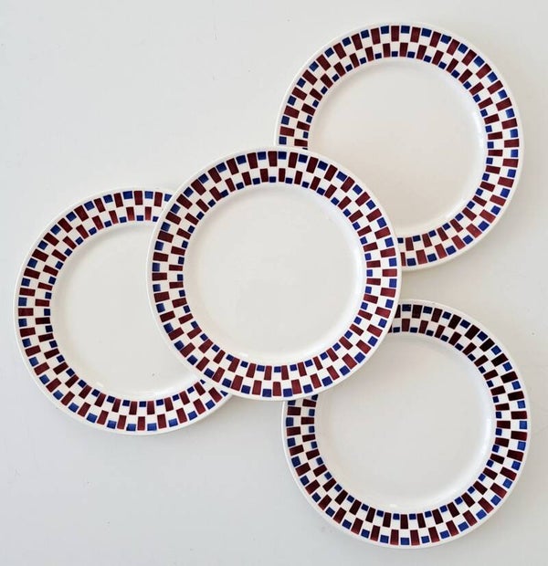 Set van 4 witte blauw/rood geblokte Franse borden gest. Joubert  [22226]
