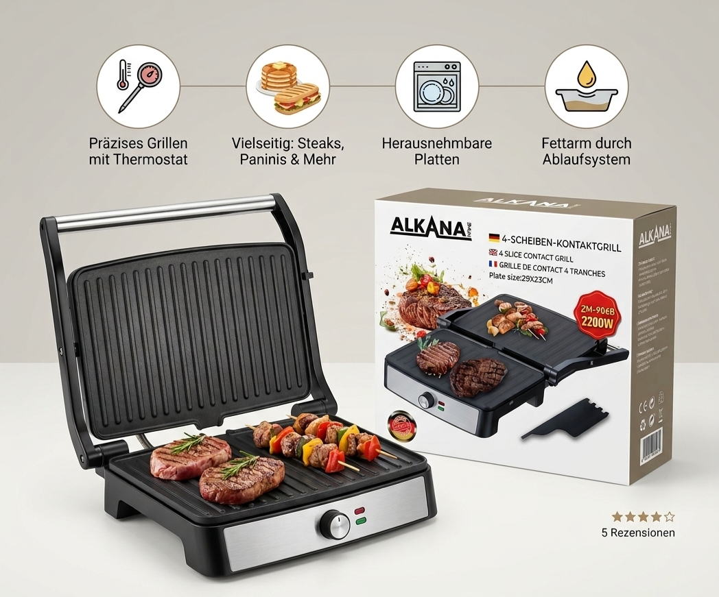 ALKANA HOME 4-Scheiben-Kontaktgrill – Kraftvolle 2200W für Grillgenuss pur