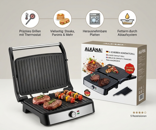 ALKANA HOME 4-Scheiben-Kontaktgrill – Kraftvolle 2200W für Grillgenuss pur