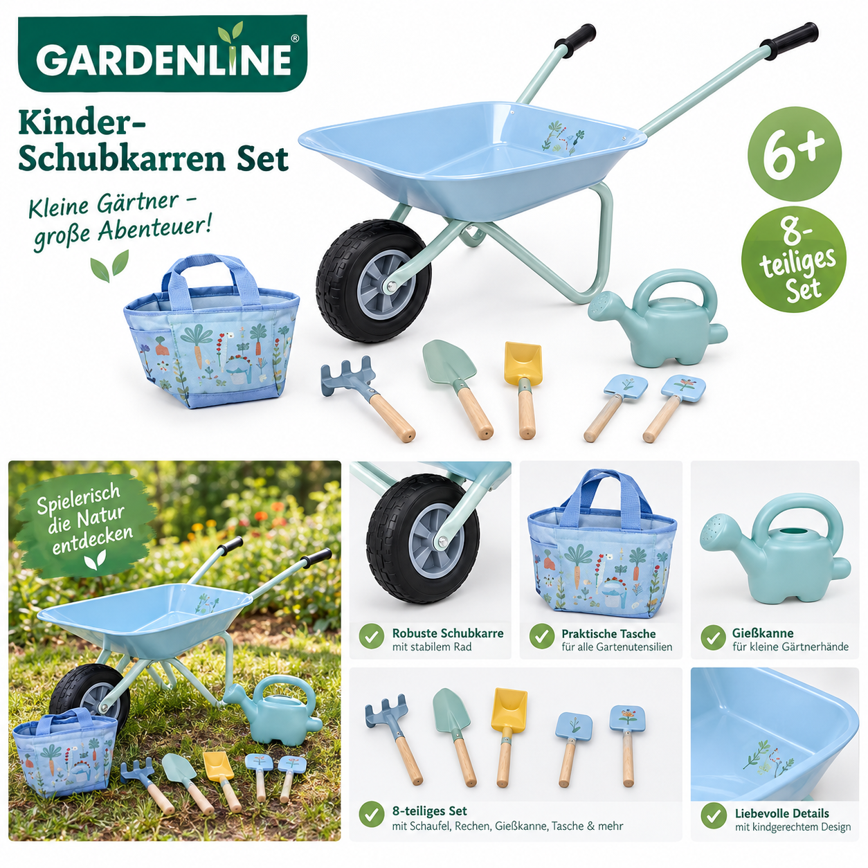 GARDENLINE® Kinder-Schubkarren-Set – 8-teilig