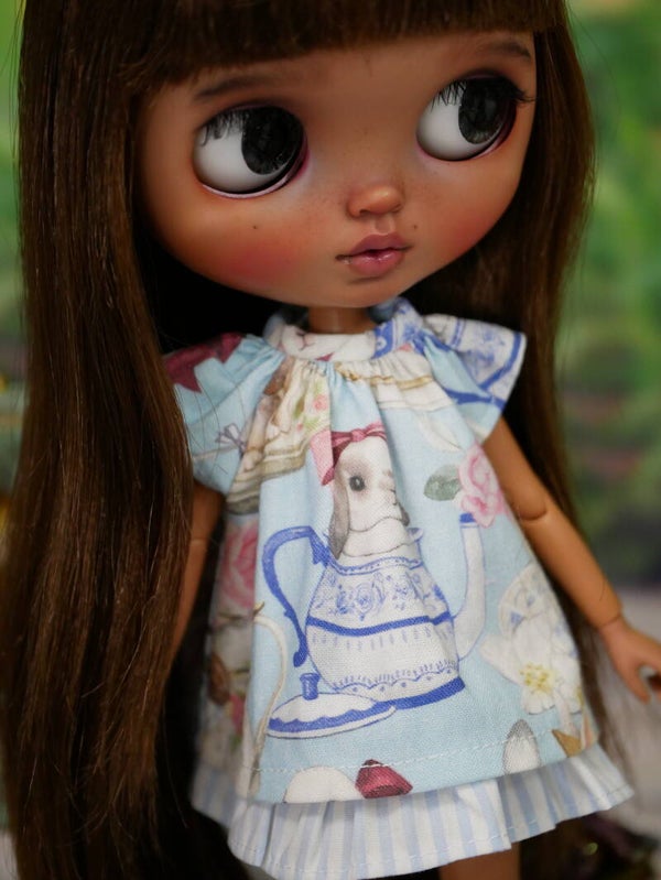 Cute rabbit print dress for Blythe & Qbaby dolls/ Bleu 02