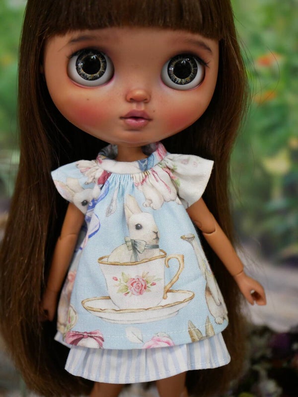 Cute rabbit print dress for Blythe & Qbaby dolls/ Bleu 01