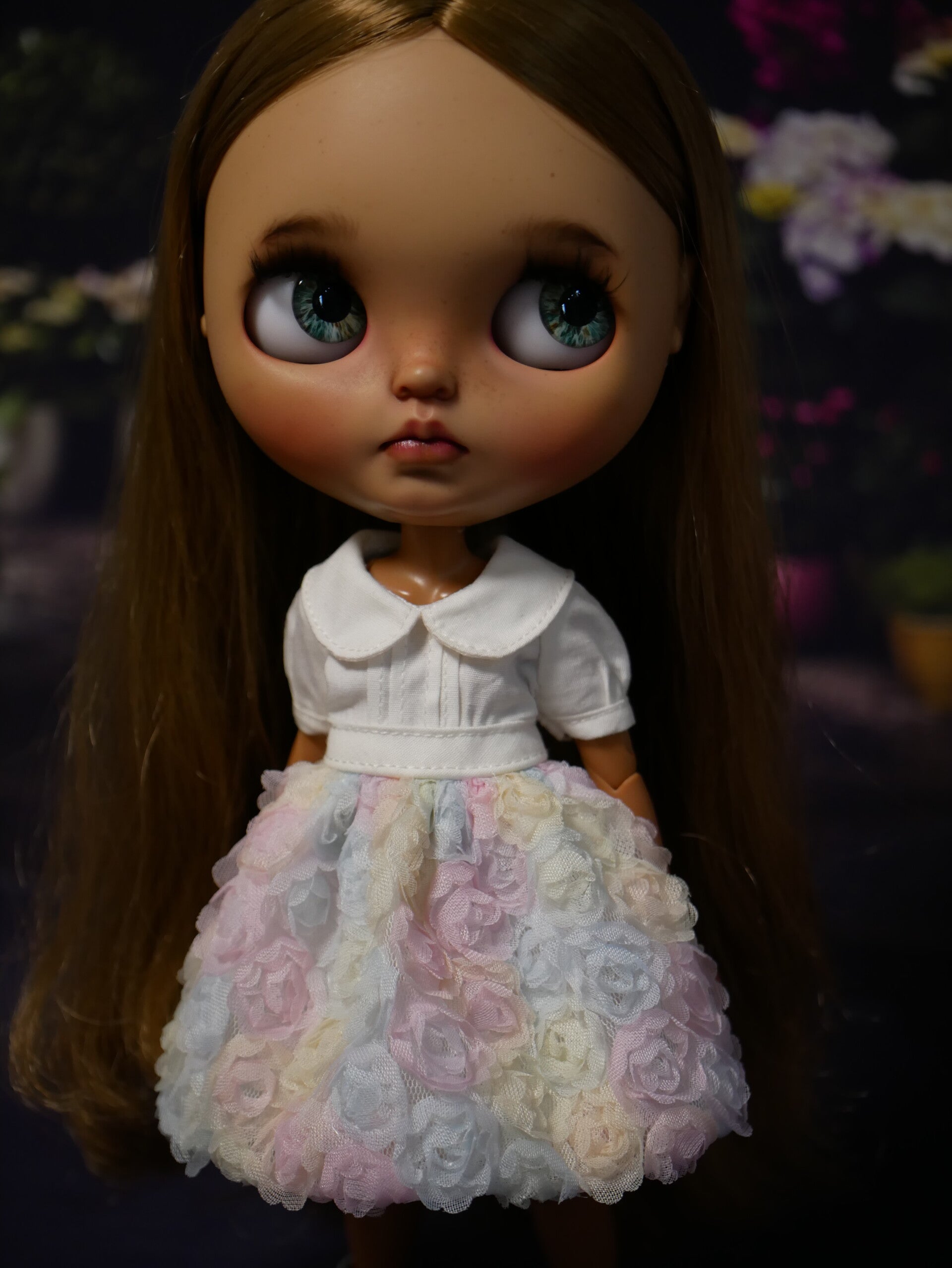 Embroidered 3D rose dress for Blythe dolls./ White/mix pink
