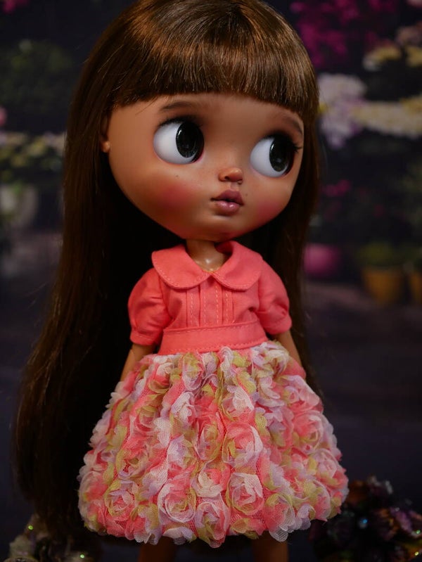 Embroidered 3D rose dress for Blythe dolls./Orange