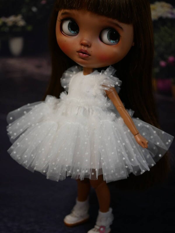 White Tulle dress for Blythe with tiny polka dots.