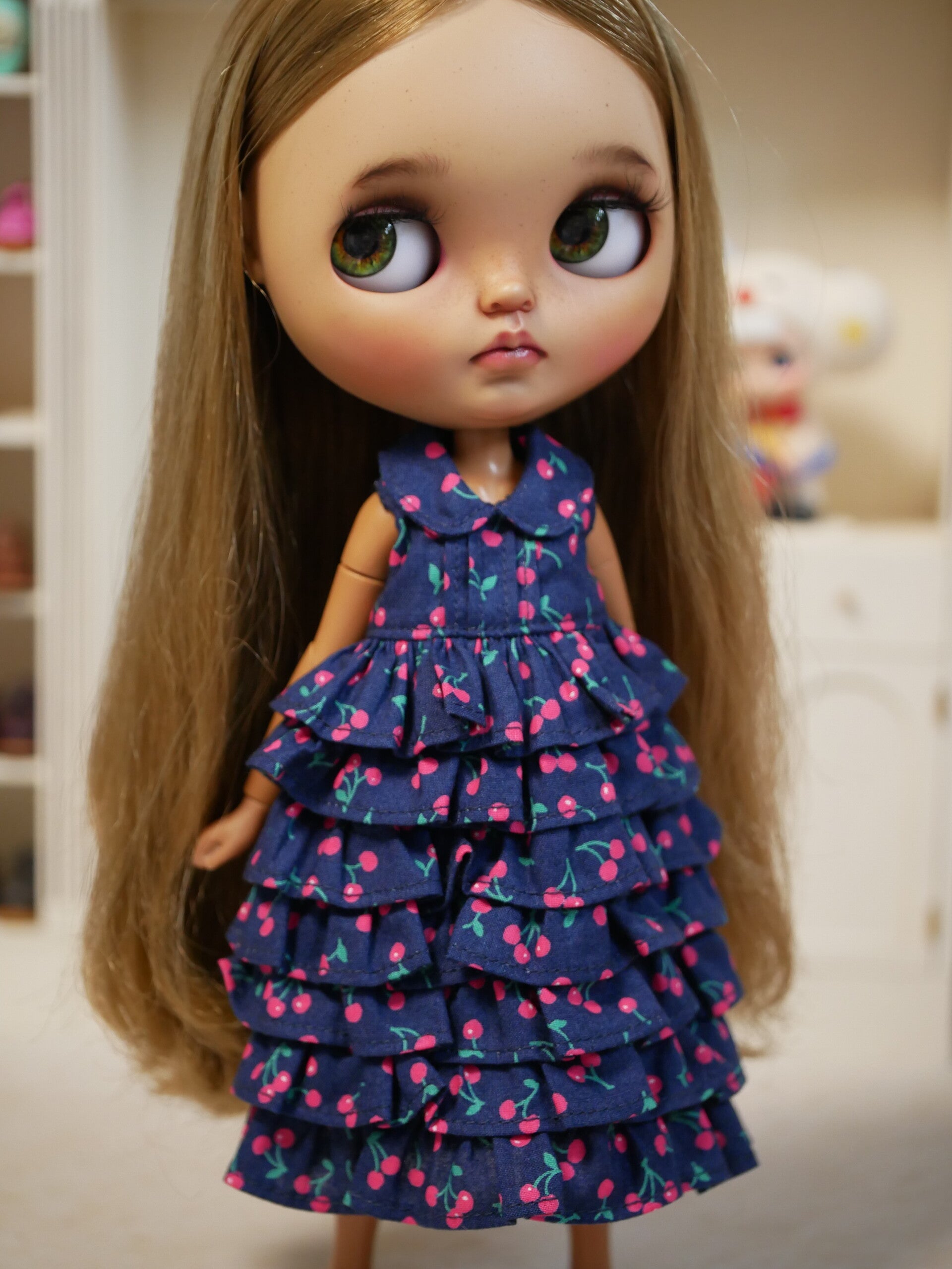 Beautiful cherry dress, with ruffle for Blythe and Emily doll./ Dk blue