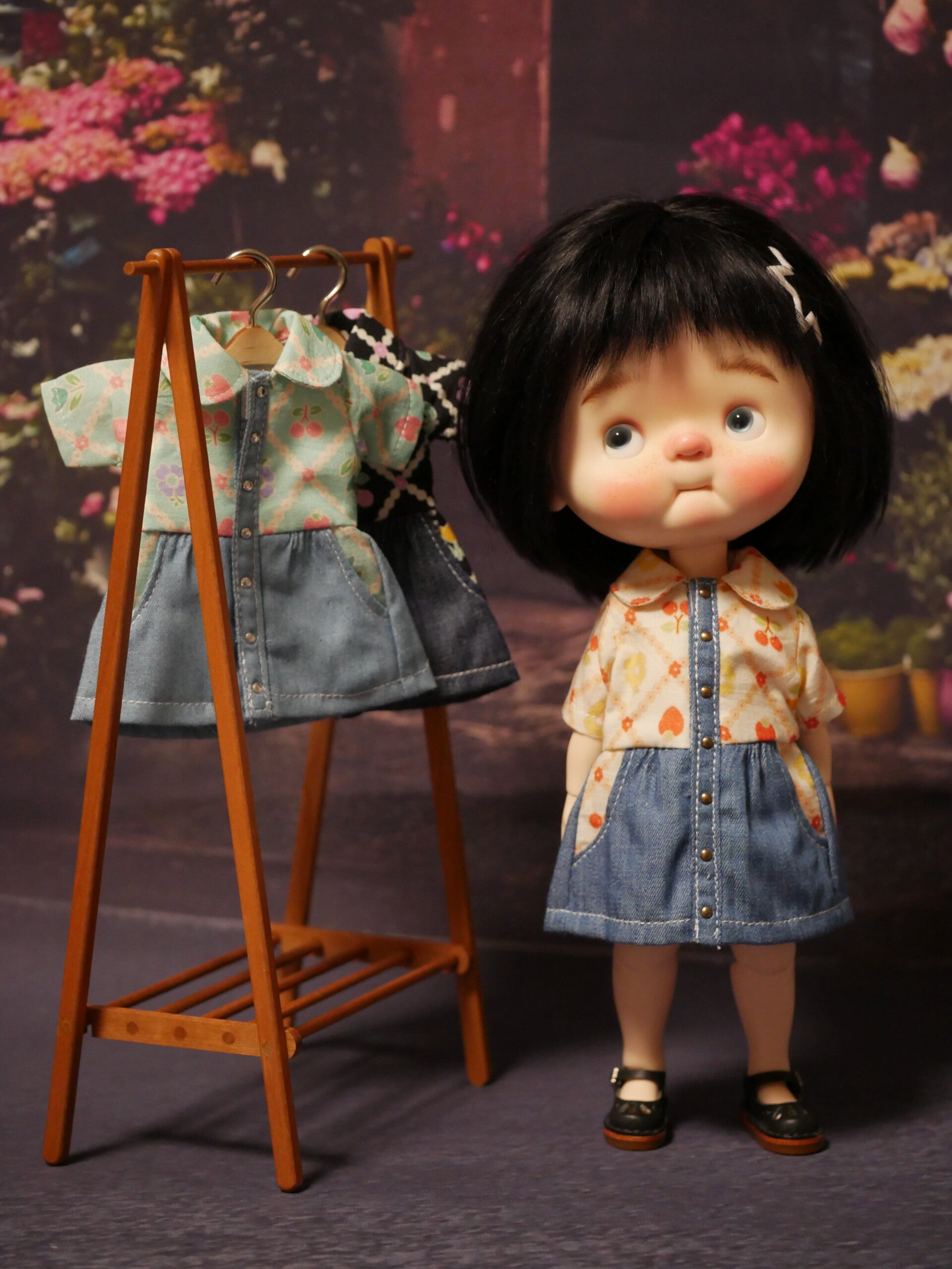 Cute dress with cotton and denim for Qbaby & Blythe/ Beige