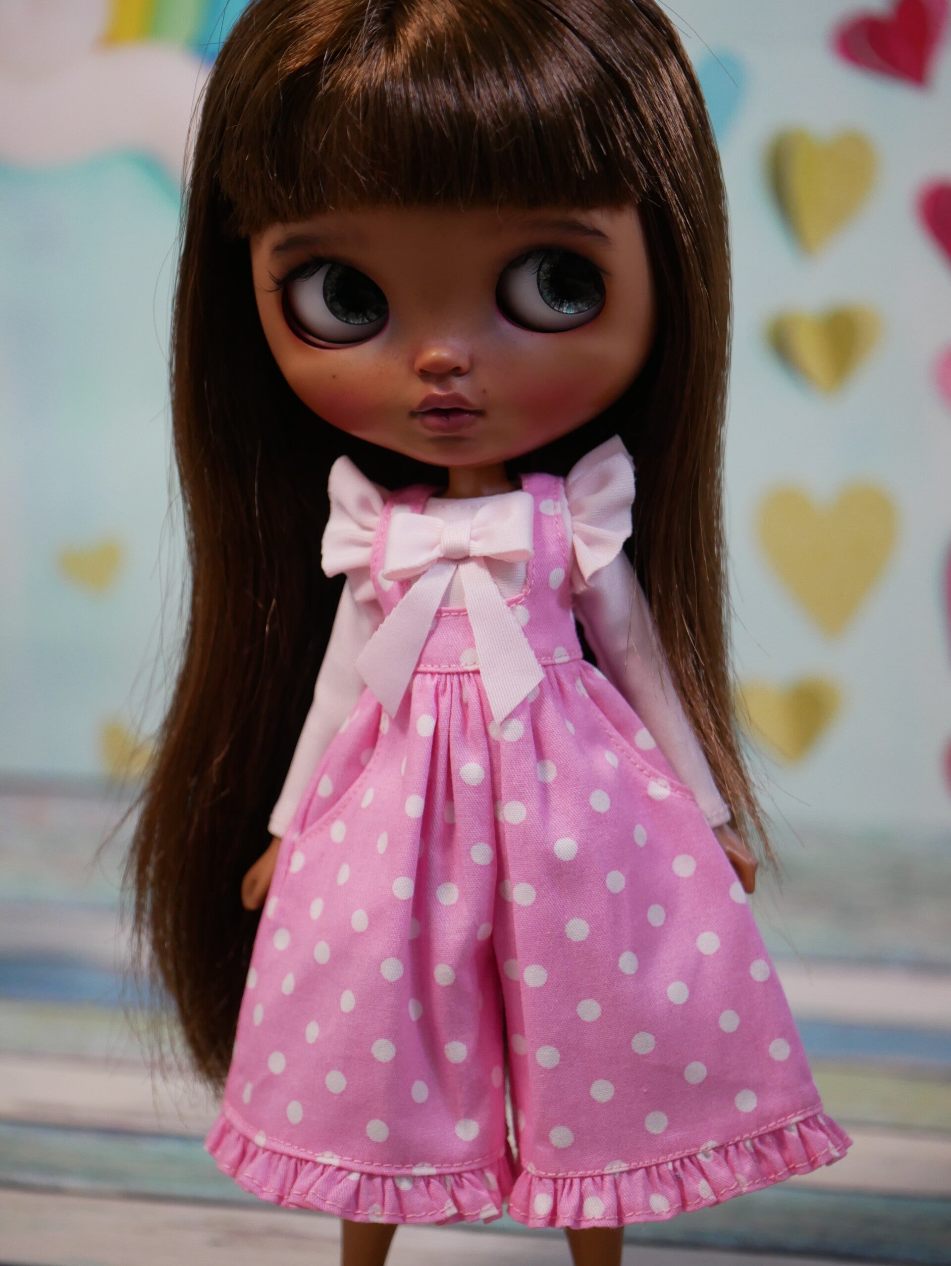 Cute polka dots overalls with ruffle for Blythe doll. / Pink- white dots