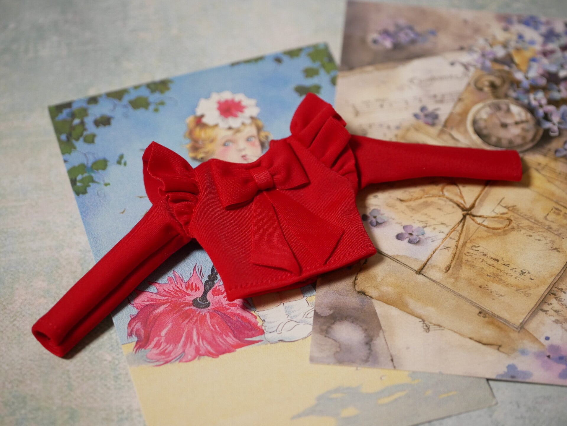 T-Shirt butterfly sleeves with bow for Blythe doll. / Dk red
