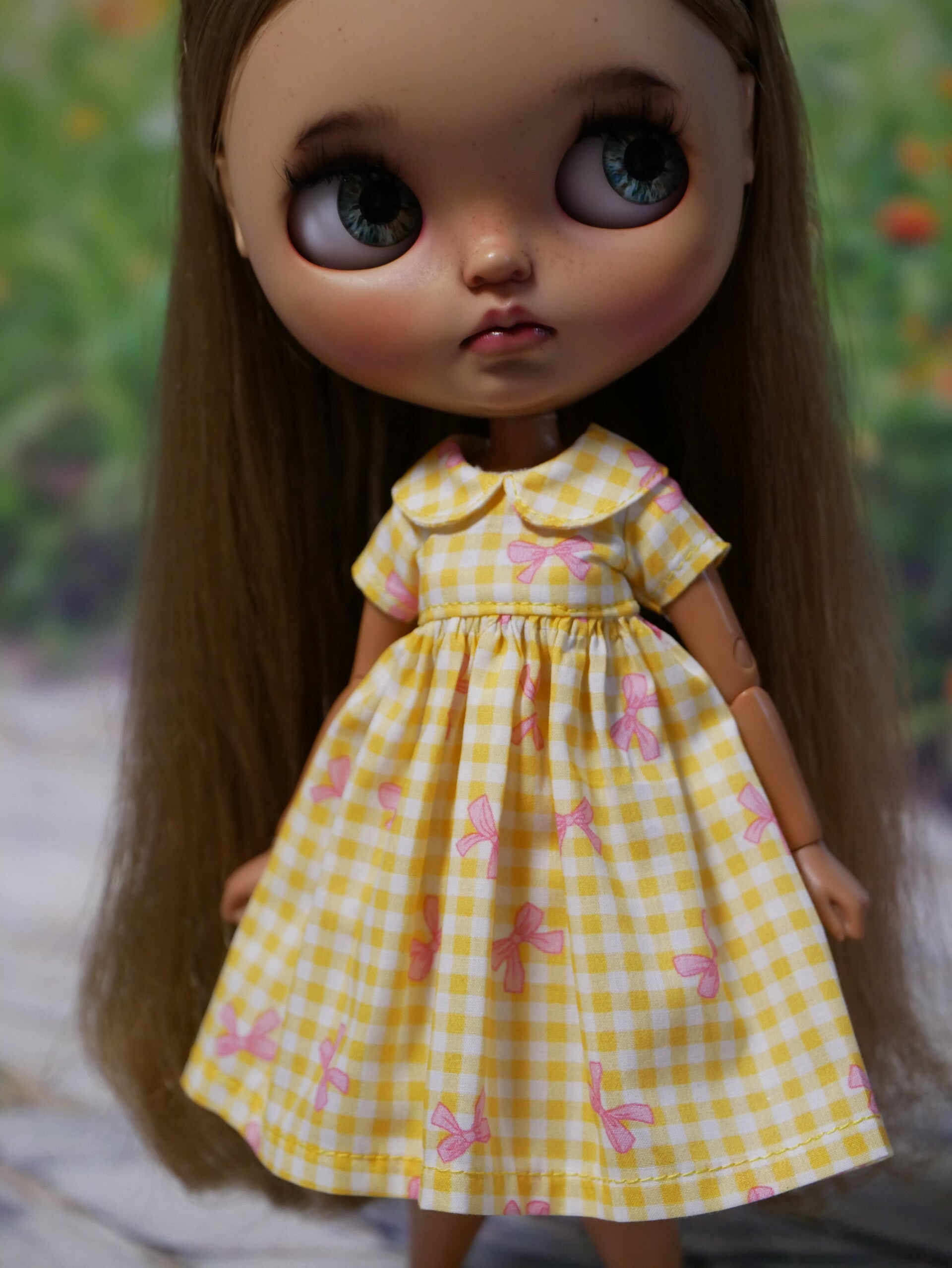 Short sleeve dress for Blythe doll. /Yellow /bow