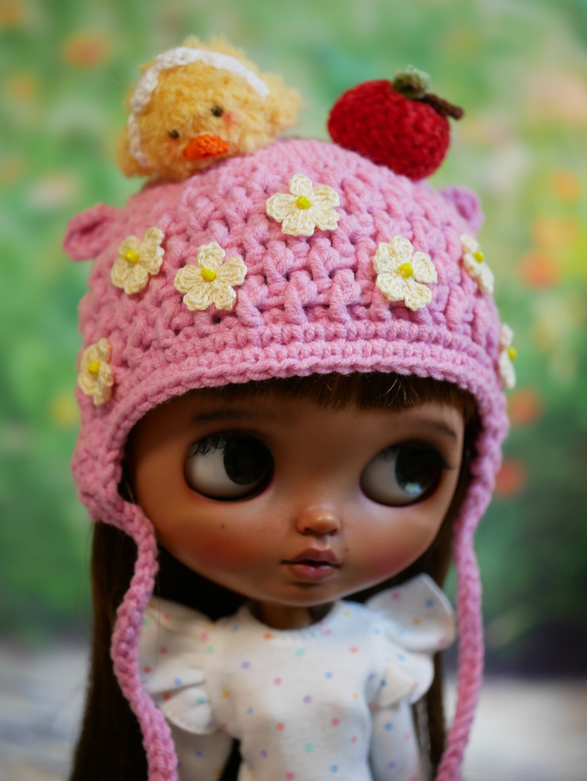 Blythe crochet Hat./ Pink hat with flowers