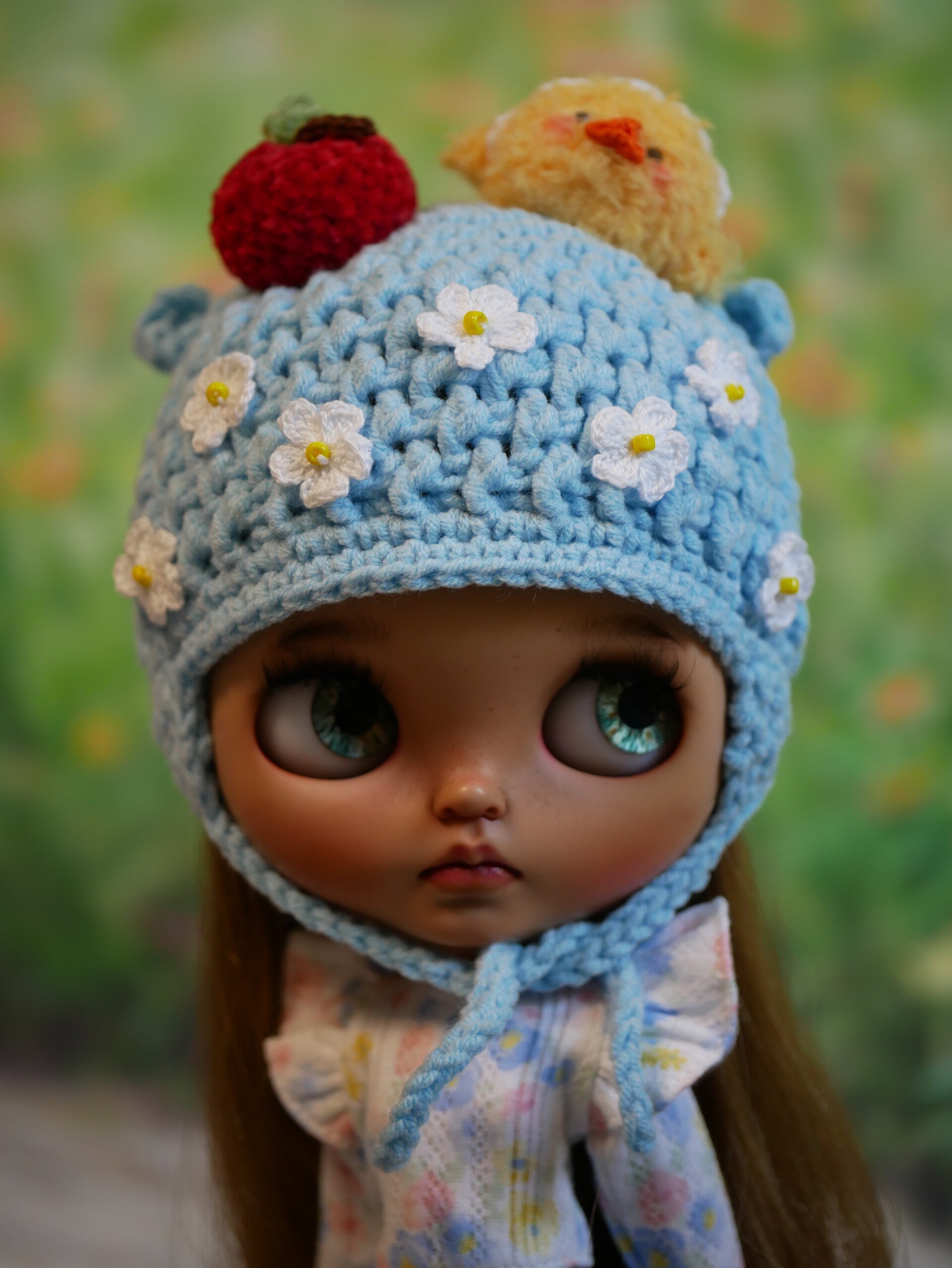 Blythe crochet Hat./ Blue hat with flowers