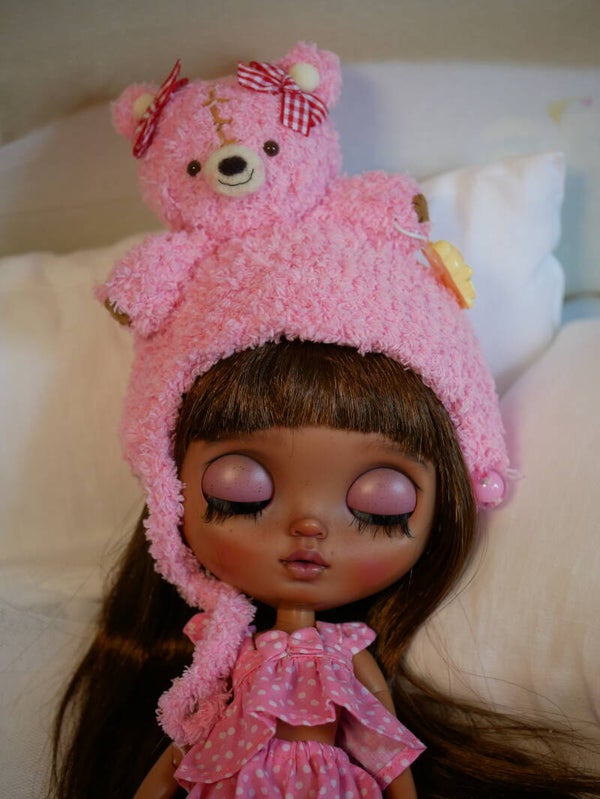 Blythe crochet Bears Hat./ Lt Pink Bear/ red