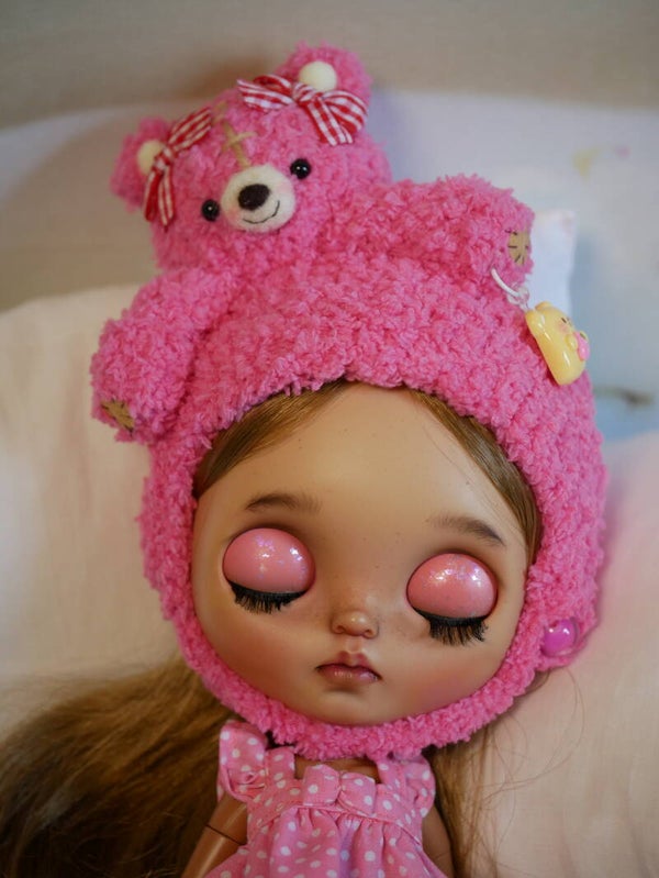 Blythe crochet Bears Hat./ Hot Pink Bear/ red