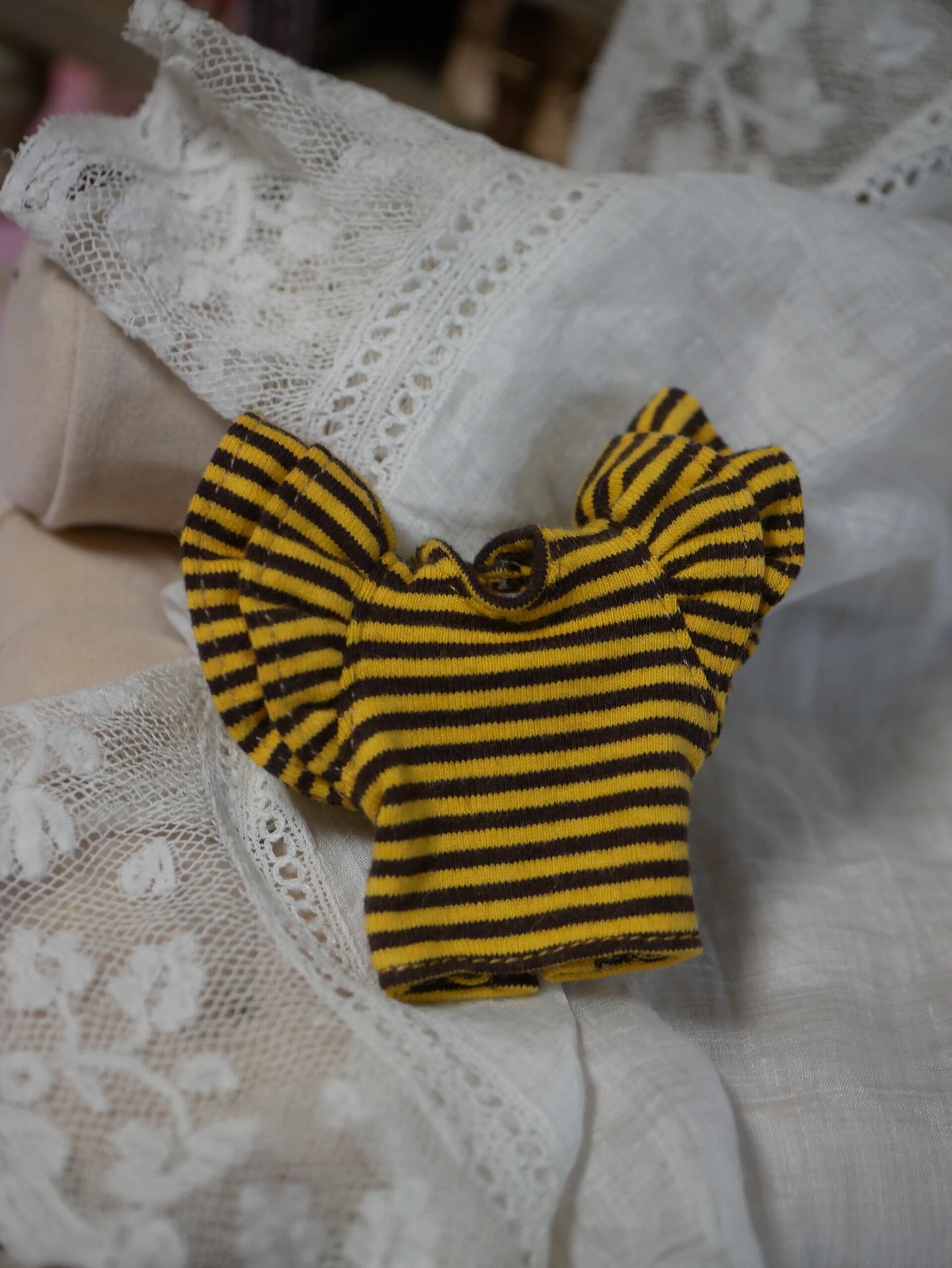 Yellow/Brown striped long sleeve t-shirt with double ruffle.