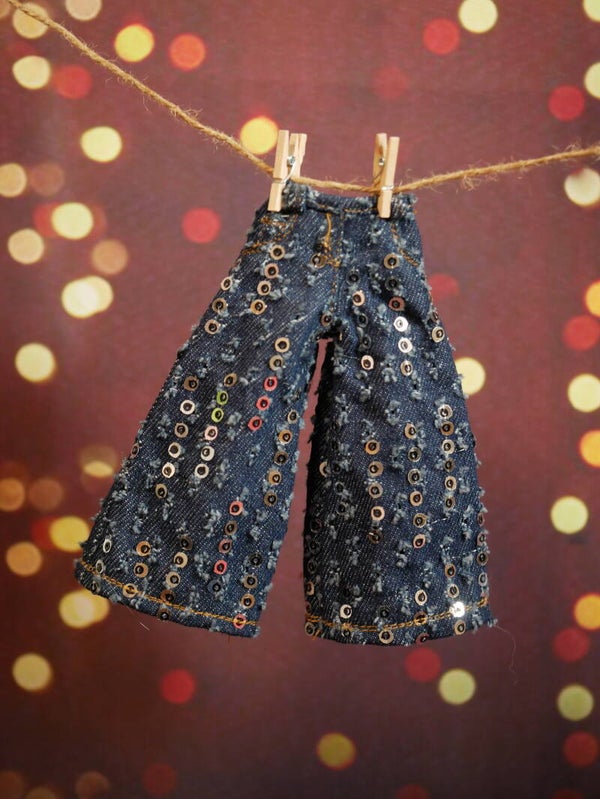 Wide denim pants with sequins for Blythe doll./Dk blue