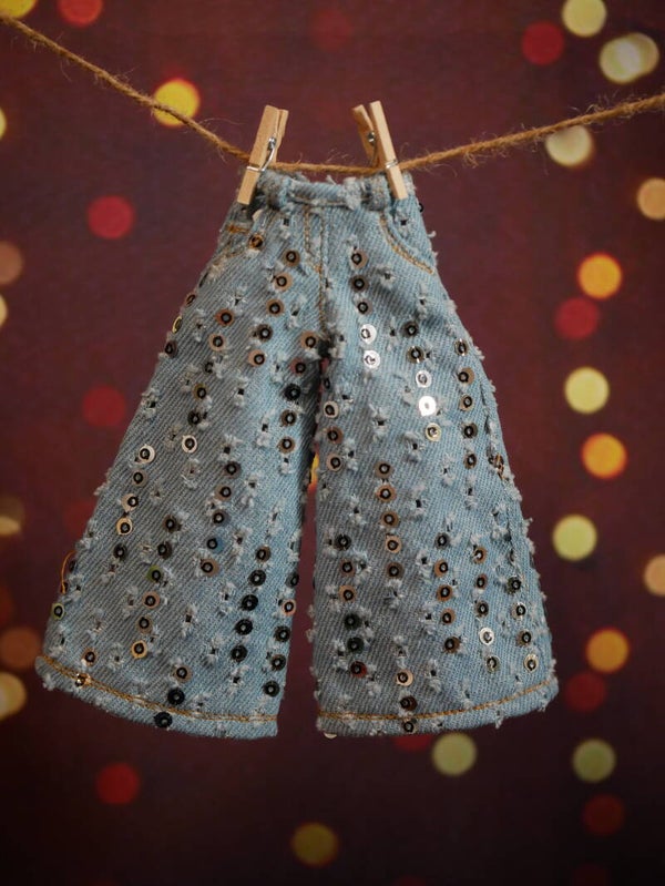 Wide denim pants with sequins for Blythe doll./ Lt blue