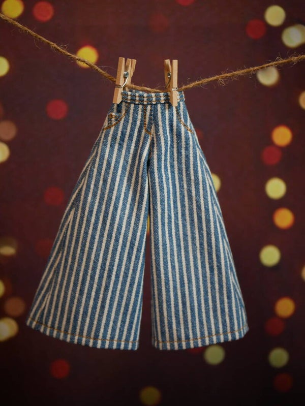 Wide /striped denim trousers for Blythe dolls. Lt blue