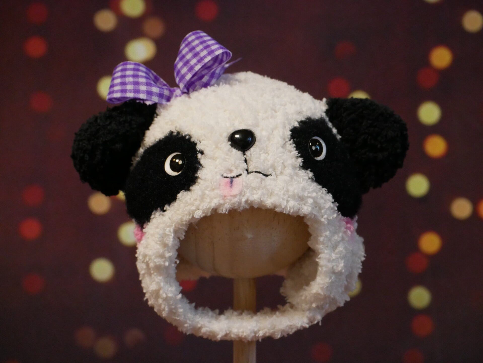 Blythe crochet Hat./Panda purple bow.
