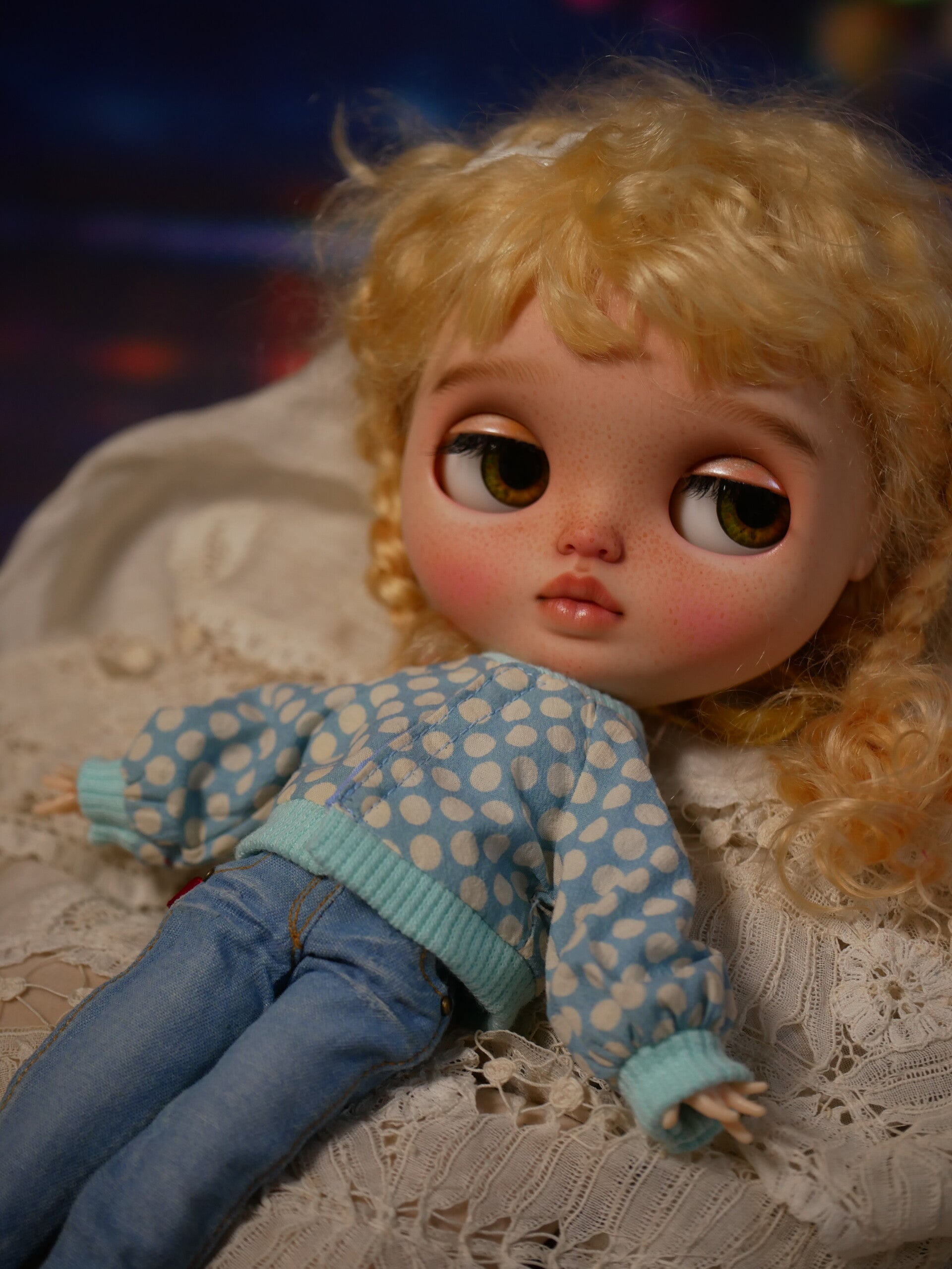 Cute Polka Dot jacket for Blythe dolls./ Blue/ White dots