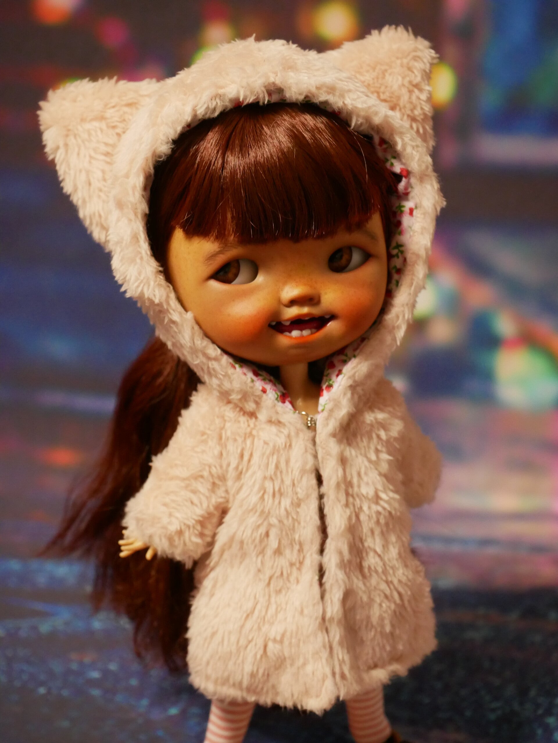Fuzzy Cat Ear Plush Doll Coats for Blythe dolls./ Pale salmon Pink