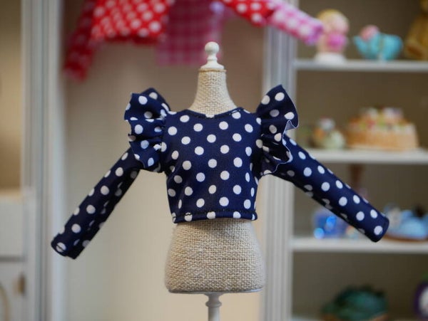 Long Sleeve T-Shirt butterfly sleeves for Blythe doll./ Dl Blue/ white dots