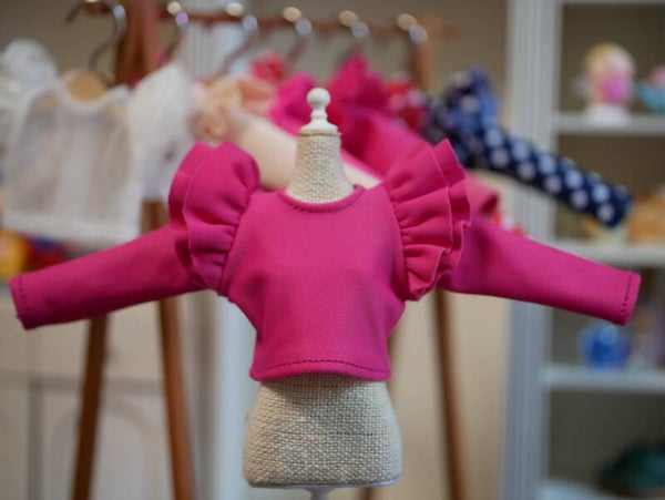 Long Sleeve T-Shirt double ruffles for Blythe doll./ DK Hot pink 02