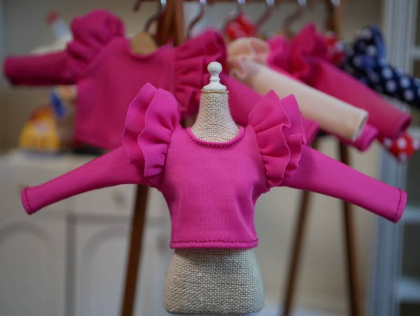 Long Sleeve T-Shirt double ruffles for Blythe doll./ Hot pink 01