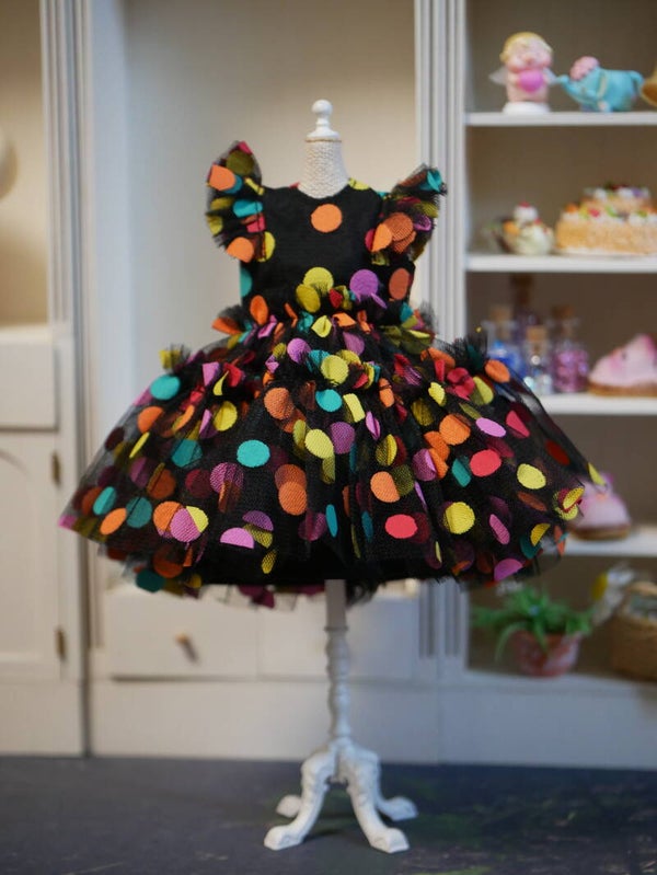 Handmade Tulle Dress for Blythe./ Mix dots/ Black