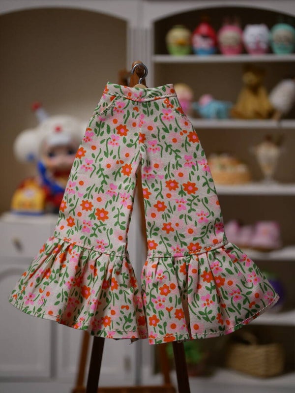 Pants with ruffle for Blythe doll. / pink & orange flowers