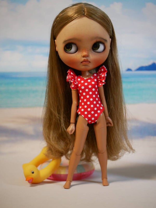 Blythe Polka Dot Ruffle sleeves Swimwear. / Red