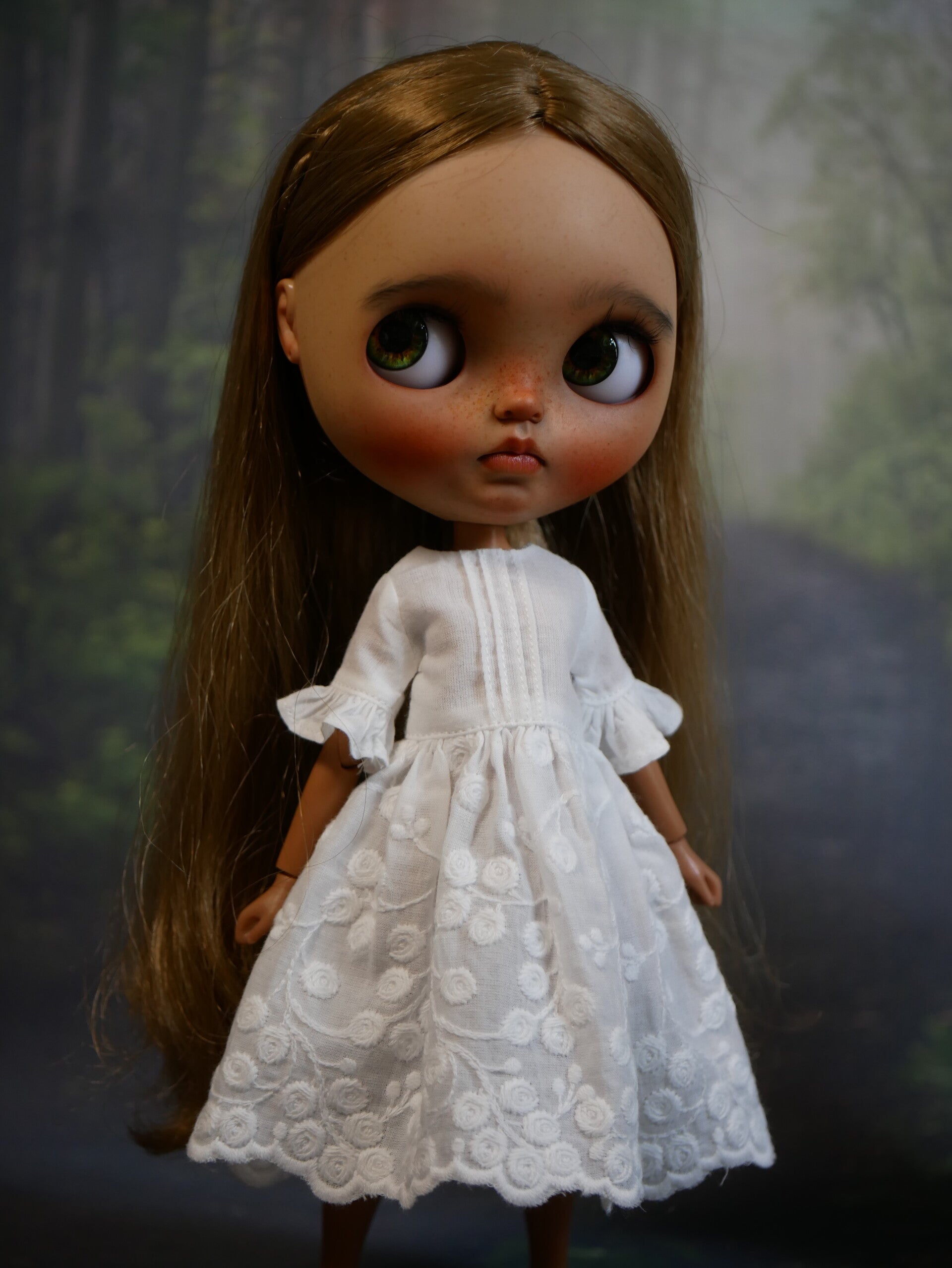 Handmade White Embroidered Dress for Blythe Doll.