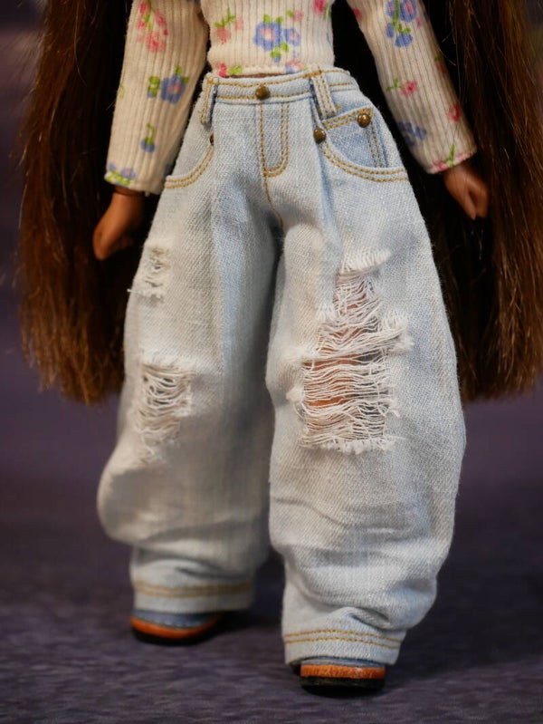 Wide-Leg Denim Jeans Distressed Ripped for Blythe/ Lt Blue