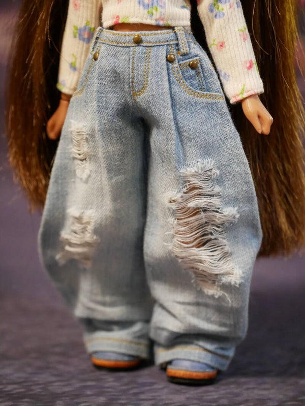 Wide-Leg Denim Jeans Distressed Ripped for Blythe/ M Blue