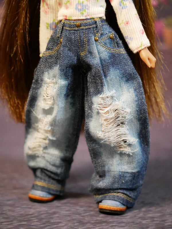 Wide-Leg Denim Jeans Distressed Ripped for Blythe/ Dk Blue