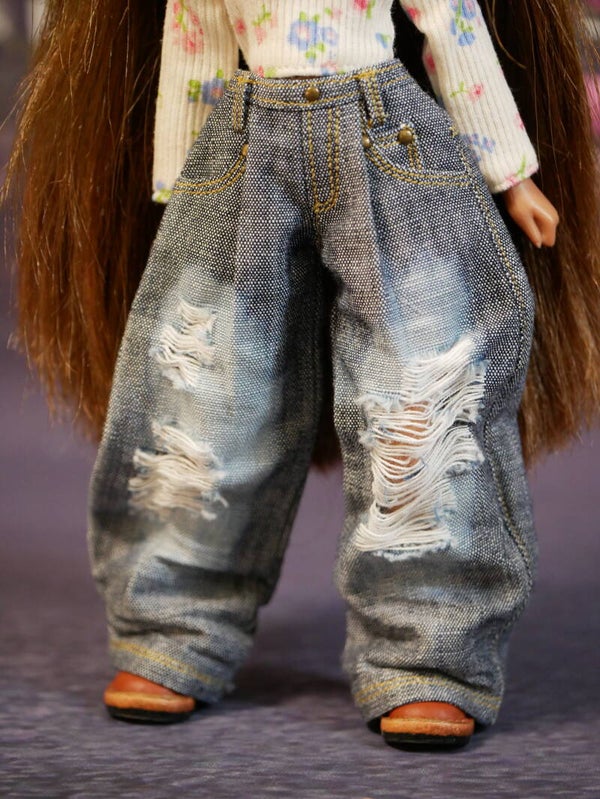 Wide-Leg Denim Jeans Distressed Ripped for Blythe/ Gray