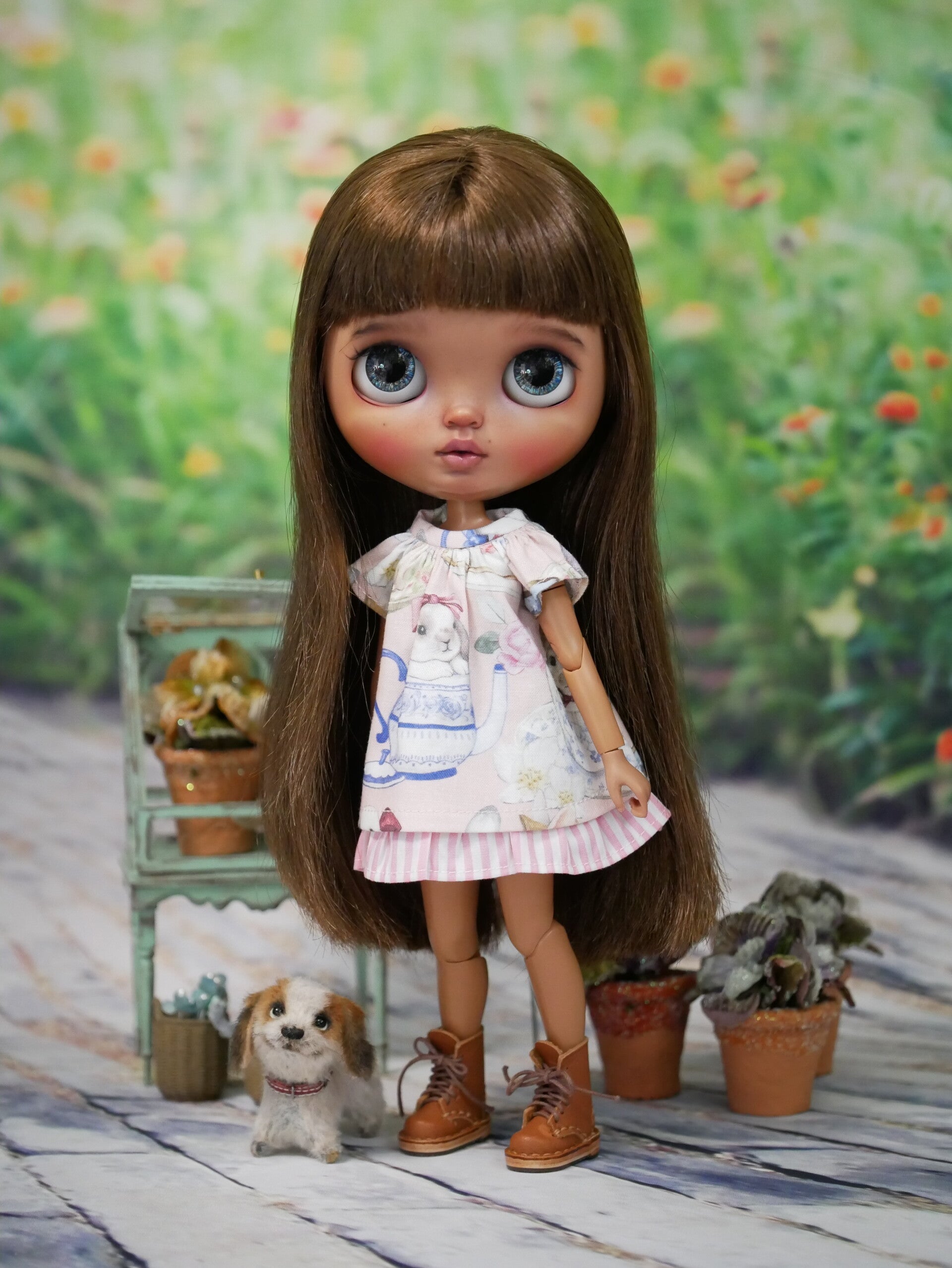Cute rabbit print dress for Blythe & Qbaby dolls/ pink 02