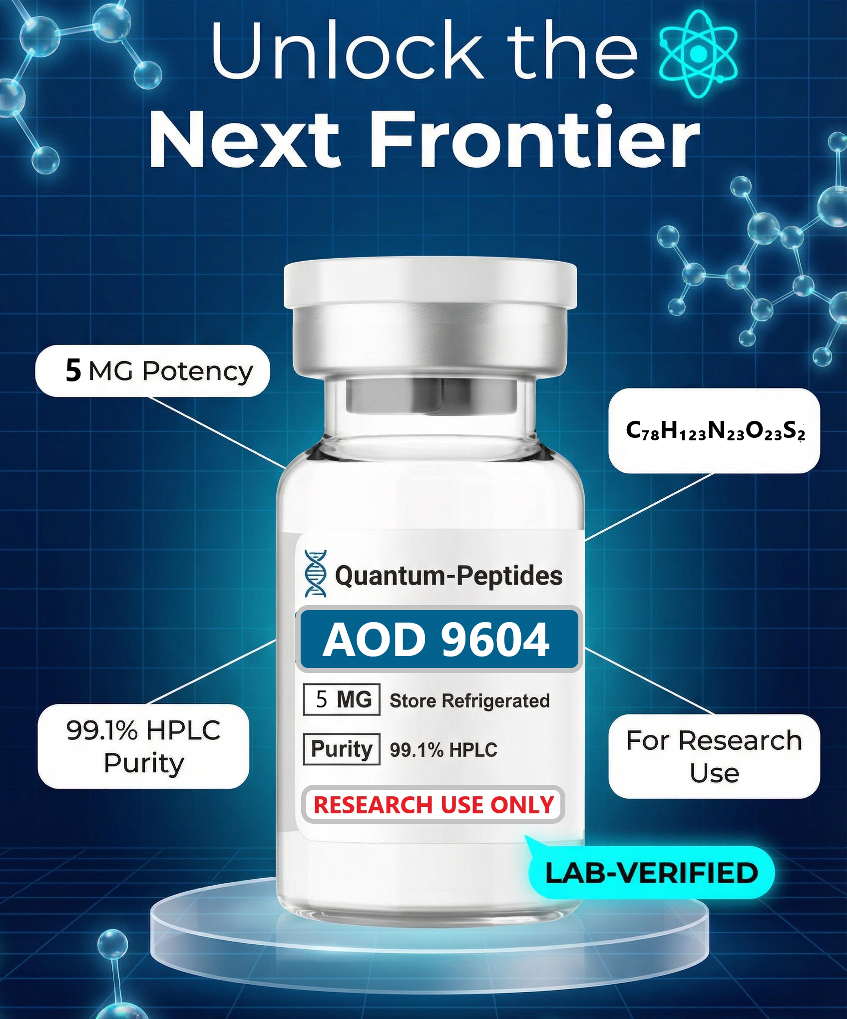AOD 9604 Peptide Lyophilized Powder C₇₈H₁₂₃N₂₃O₂₃S₂.