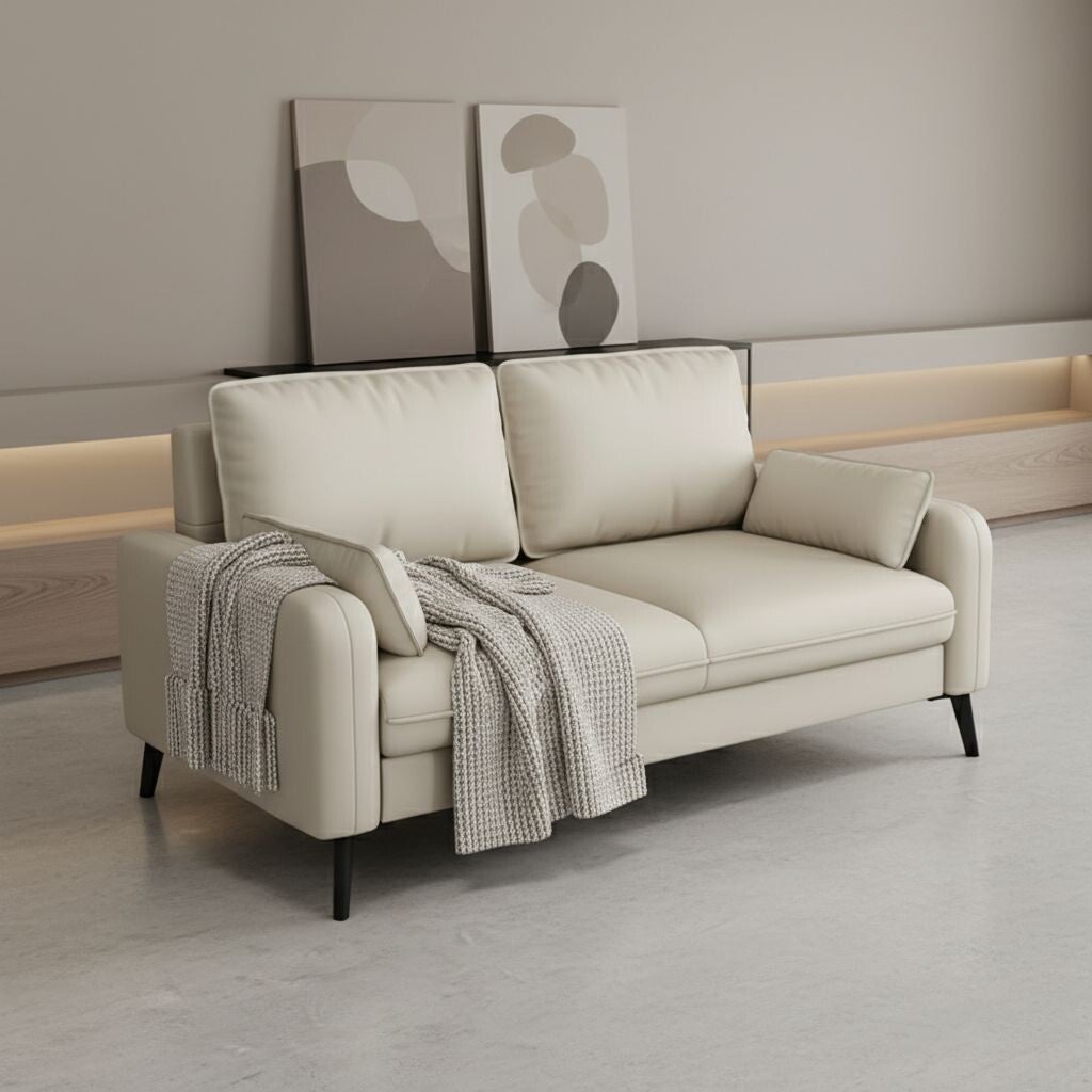 Contemporary Compact Loveseat Sofa with Tapered Legs and Bolster Pillows