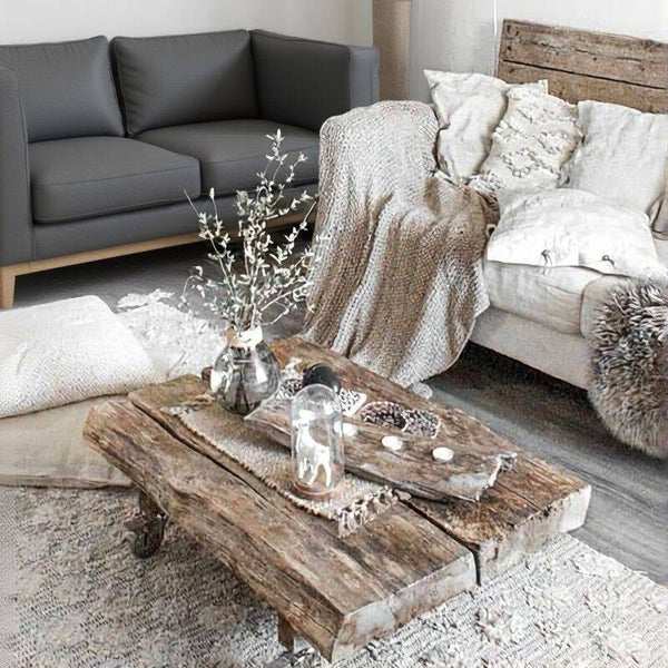 Rustic Wood Coffee Table, Rectangular Living Room Centerpiece with Natural Grain Finish