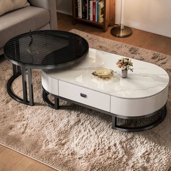 Contemporary Nesting Coffee Table Set with Storage Drawer, Round Glass and Faux Marble Top