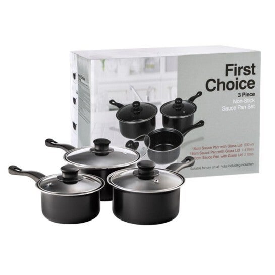 First Choice - Black 3pc Non-Stick Saucepan Set