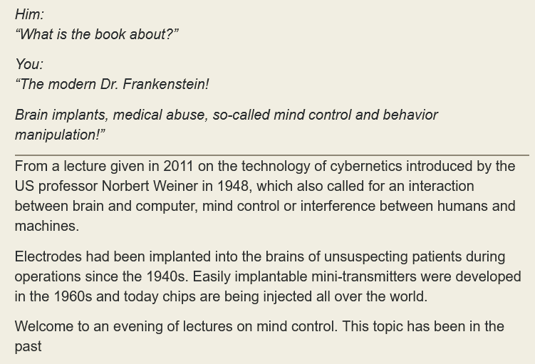 “What is the book about?” You:  “The modern Dr. Frankenstein!