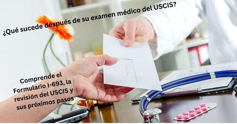 Un doctor le entrega un sobre sellado a una paciente. En su escritorio el tiene unas formas y su estetoscopio. 