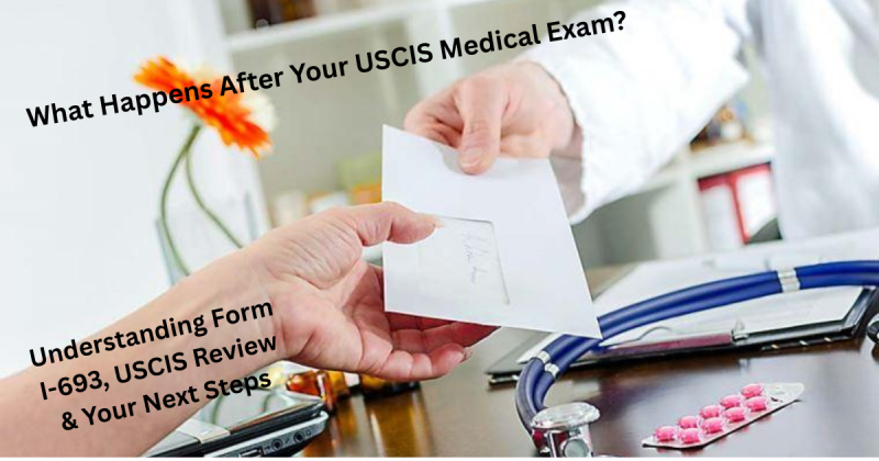 A doctor hand giving a sealed envelope to a female patient hand. A clipboard with forms is on the desk  and his stethoscope.