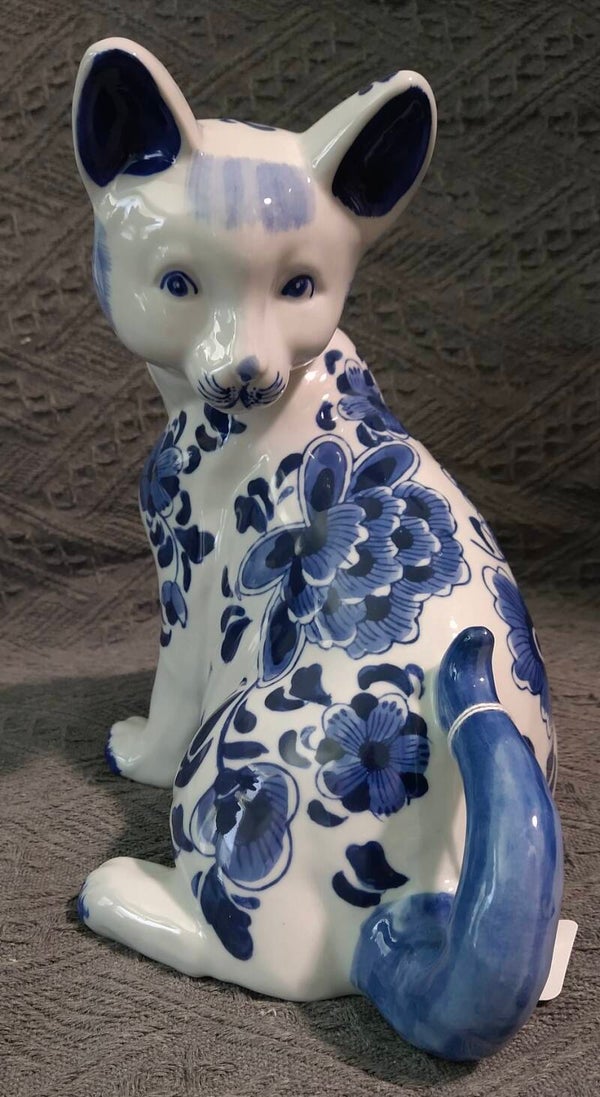 Porcelain China Cat with blue and white floral decoration