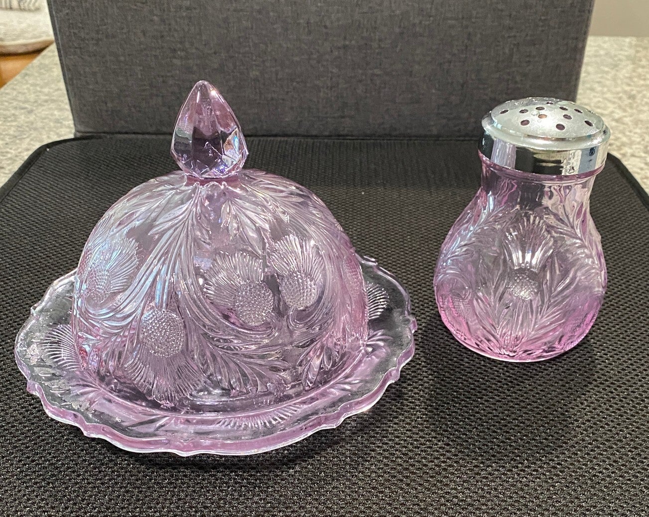 "Cambridge Glass Pink Thistle"  Butter Dish & Sugar/Cheese Shaker